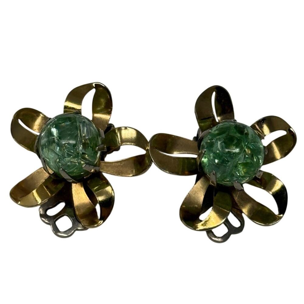Vintage 80s German Gold Tone Aqua Crackle Flower Clip Earrings
